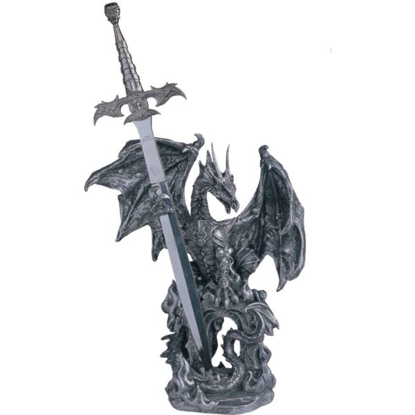 Silver Armoured Dragon with Sword Statue