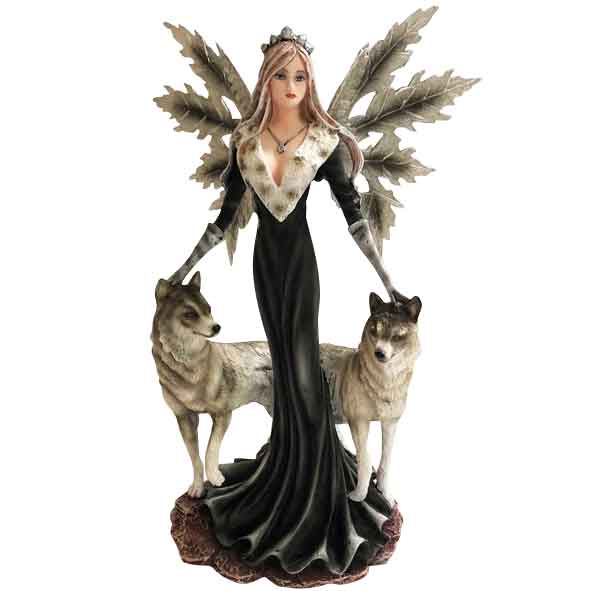 Winter Night Fairy with Wolves Statue