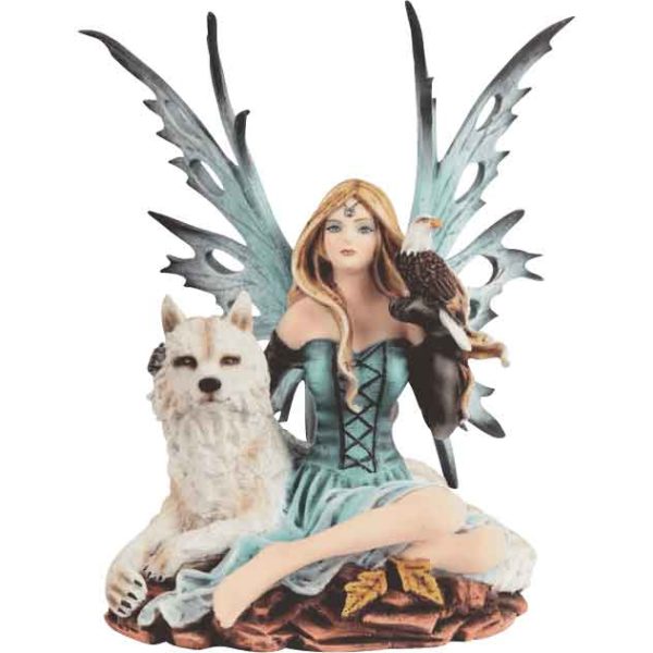 Teal Fairy with Wolf Statue