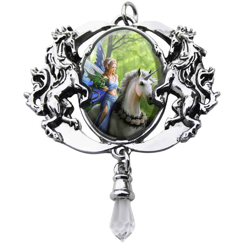 Unicorn and Maiden Fantasy Jewelry Necklace in Sterling Silver 