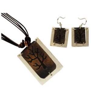 Silver and Antique Copper Engraved Tree Necklace and Earring Set
