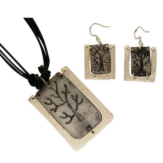 Antiqued Silver Engraved Tree Necklace and Earring Set