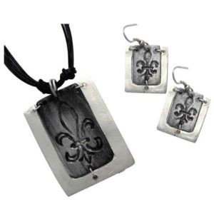 Antiqued Silver Fleur De Lis Necklace and Earring Set
