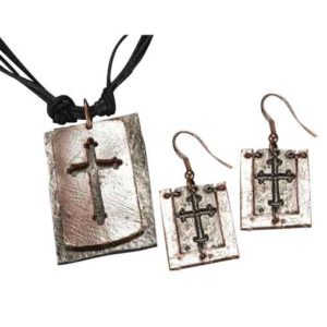 Copper and Antique Silver Cut-out Cross Necklace and Earring Set