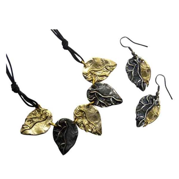 Brass and Antique Silver Leaves Necklace and Earring Set