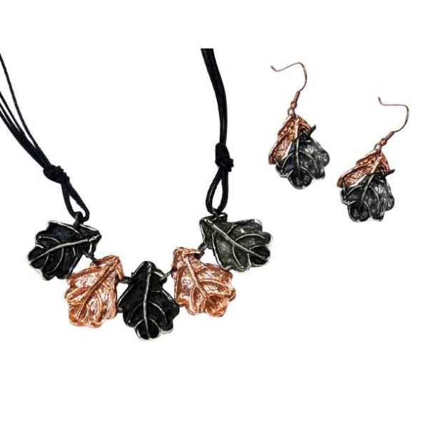 Copper and Antique Silver Oak Leaves Necklace and Earring Set