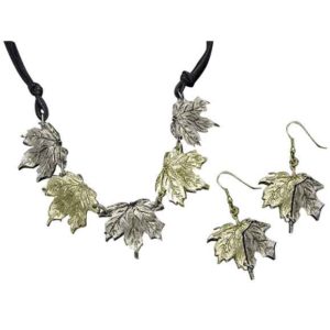 Brass and Antique Silver Maple Leaves Necklace and Earring Set