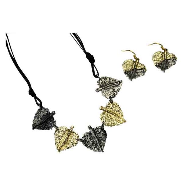 Brass and Antique Silver Round Leaves Necklace and Earring Set