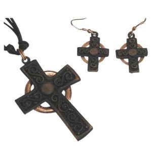 Antique Copper Cross Necklace and Earring Set