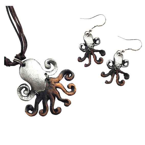 Silver and Copper Octopus Jewelry Set