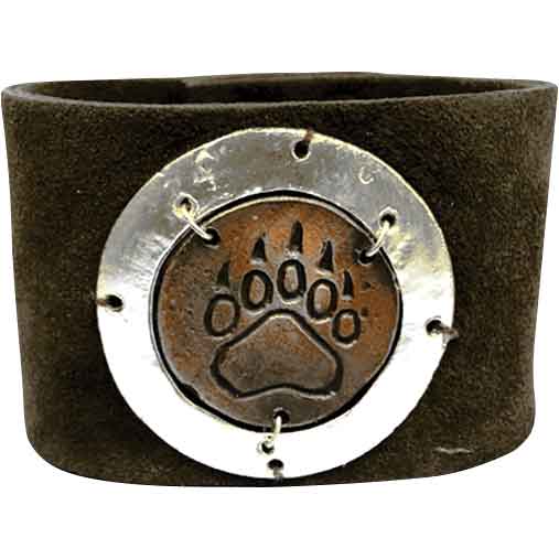 Silver and Copper Bear Print Leather Bracelet