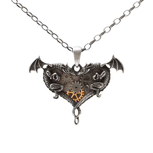 Dual Dragon Heart Steampunk Necklace