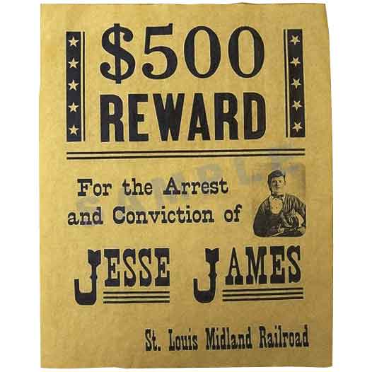570L OLD WEST OUTLAW JESSE JAMES $500 REWARD RAILROAD REPRINT POSTER 11"x14"