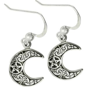Silver Horned Moon Pentagram Earrings