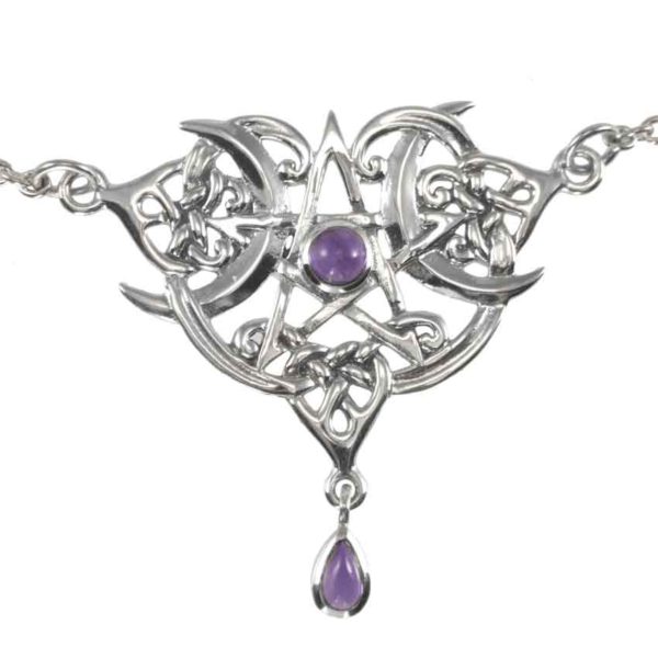 Silver Crescent Heart Pentacle Necklace with Amethyst Accents