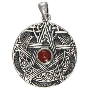 Silver Moon Pentacle Pendant with Garnet Accent