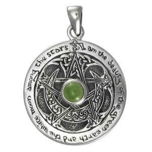 Inscribed Silver Crescent Moon Pentacle Pendant with Moldavite Accent