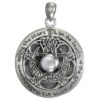 Inscribed Silver Crescent Moon Pentacle Pendant with Rainbow Moonstone Accent