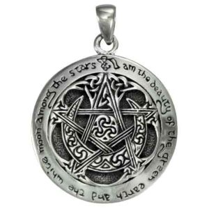 Inscribed Silver Crescent Moon Pentacle Pendant