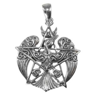 Silver Crescent Raven Pentagram Pendant