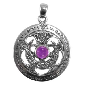 Large Silver Cut Out Moon Pentacle Pendant with Amethyst Accent