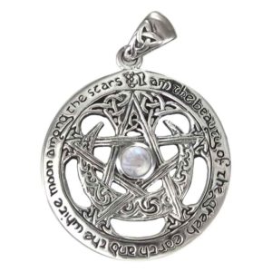 Great Silver Cut Out Moon Pentacle Pendant with Rainbow Moonstone Accent