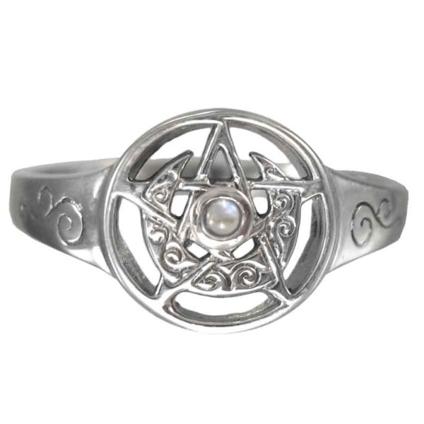 Silver Crescent Moon Pentacle Ring with Rainbow Moonstone Accent
