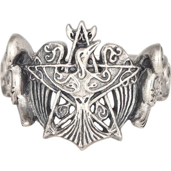 Silver Crescent Raven Pentagram Ring