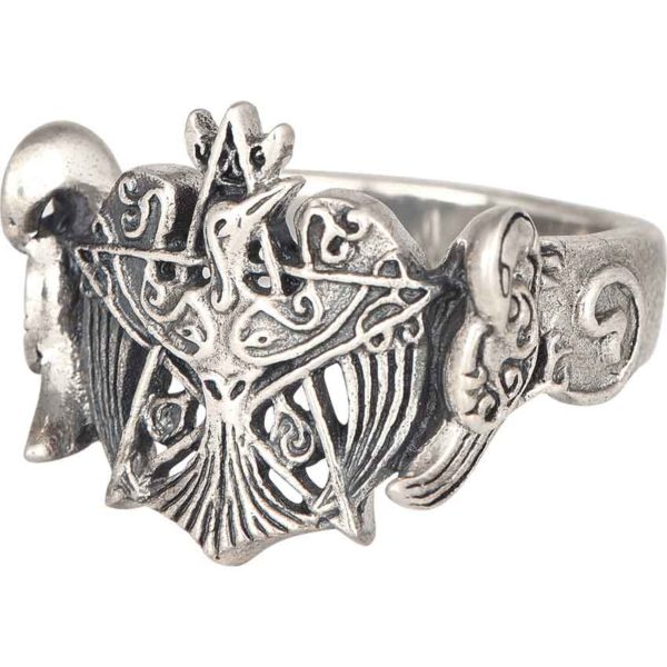 Silver Crescent Raven Pentagram Ring