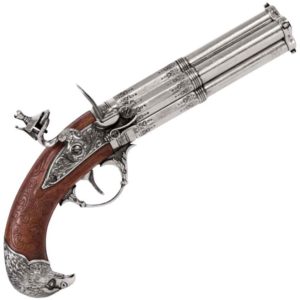 Four Barrel Revolving Wood Grip Eagle Flintlock Pistol