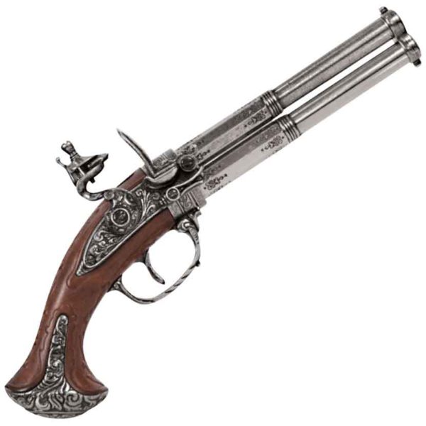 Double Barrel Revolving Wood Grip Flintlock Pistol