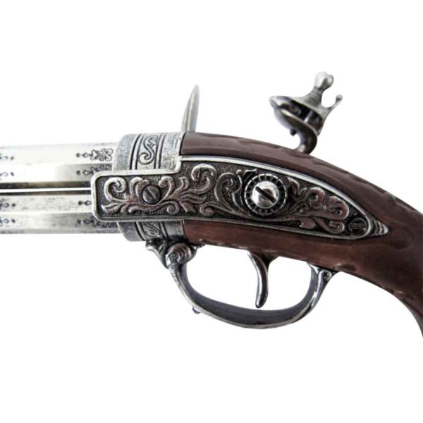 Double Barrel Revolving Wood Grip Flintlock Pistol