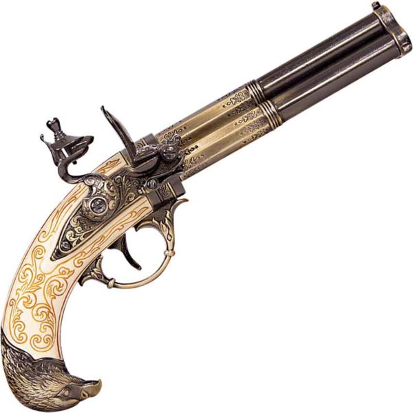 Triple Barrel Revolving Ivory Eagle Flintlock Pistol