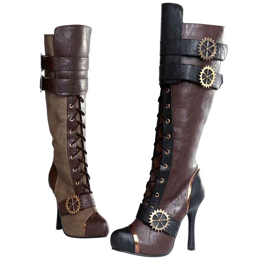 Knee High Steampunk Boots Brown Womens Footwear