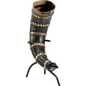 Brass Banded Drinking Horn With Stand