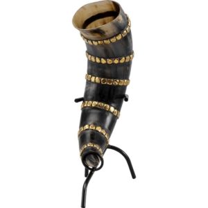 Brass Banded Drinking Horn With Stand