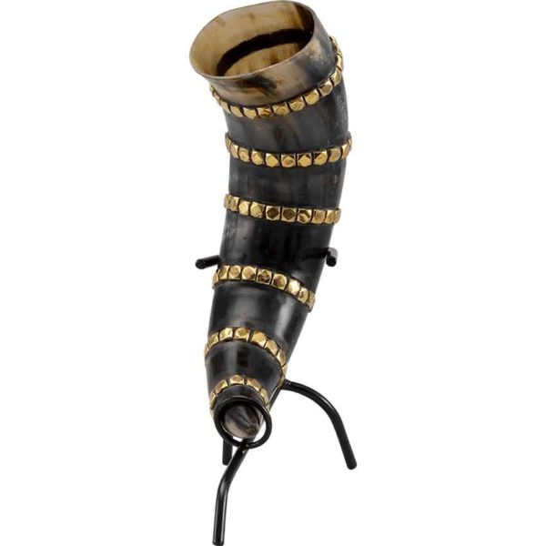 Brass Banded Drinking Horn With Stand