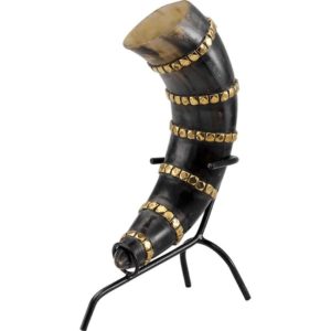 Brass Banded Drinking Horn With Stand