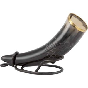 Carved Wolf Drinking Horn with Stand