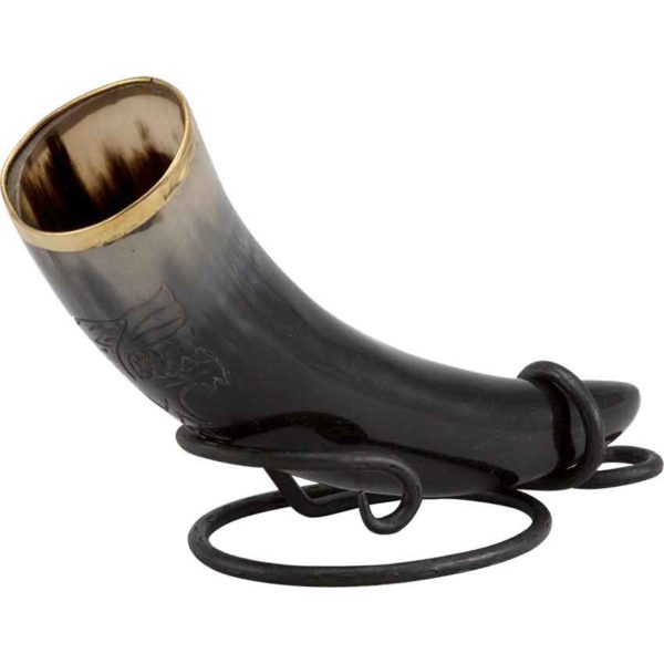 Carved Wolf Drinking Horn with Stand