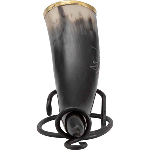 Carved Wolf Drinking Horn with Stand