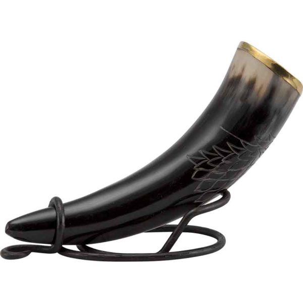 Carved Wolf Drinking Horn with Stand