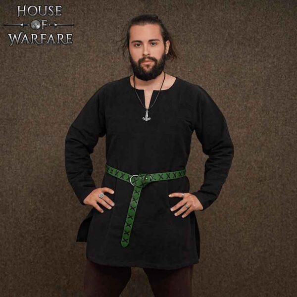 Laced Leather Ring Belt - Green with Black
