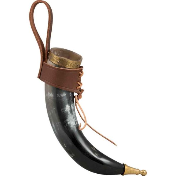 Brass Tipped Viking Drinking Horn with Leather Holder