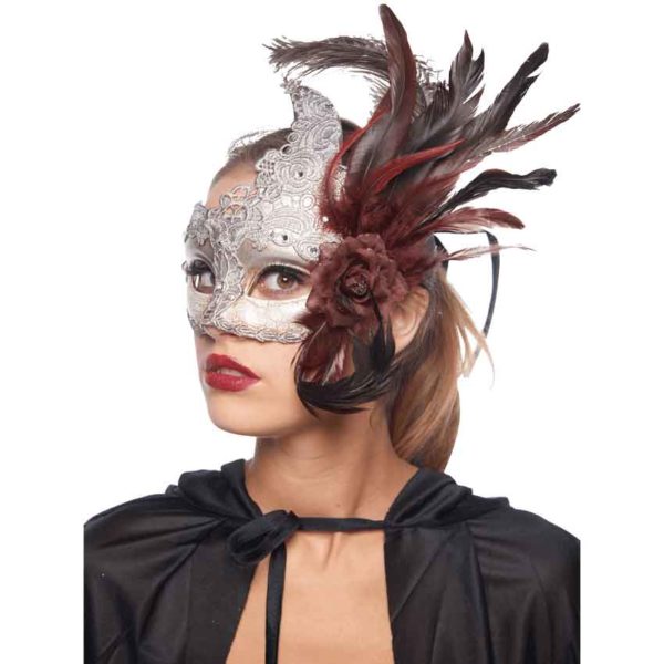 Feathered Silver Lace Masquerade Mask