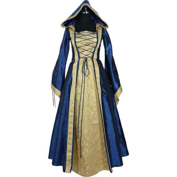 Hooded Renaissance Sorceress Gown - Blue and Gold