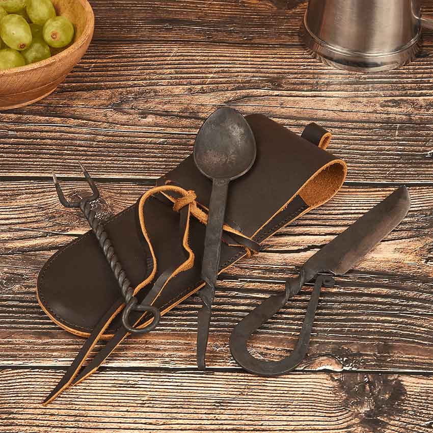 Spoon, Fork, Knife and Leather Pouch