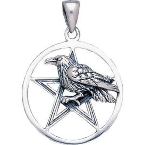 Raven Perched on Silver Pentacle Pendant