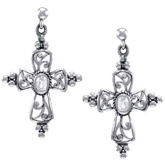 White Bronze Antique Gemstone Cross Earrings