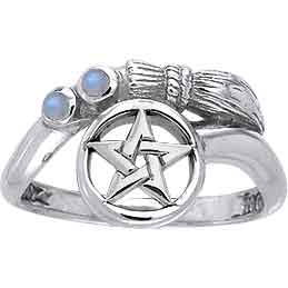 White Bronze Curved Broomstick Pentacle Ring